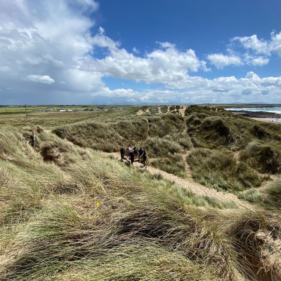 A view of the sand dunes with criss-crossing sand tracks. A group of poeple can be seen on the track